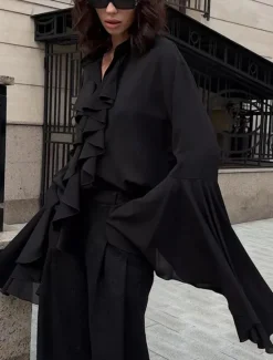 Outlet Women's Shirt Plain Elegant Stylish Basic Long Sleeve Bell Sleeve Regular Tops Daily Holiday Ruffle Black Wine Summer Spring Fall Women Blouses & Shirts
