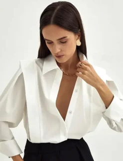 Sale Women's Shirt Solid Color Elegant Daily Stylish Long Sleeve Puff Sleeve Shirt Collar Regular Tops Work Daily Holiday Ruched Black White Spring Fall Women Blouses & Shirts