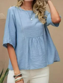 Discount Women's Shirt Solid Color Plain Bohemia Daily Stylish Half Sleeve Crew Neck Regular Tops Daily Holiday Going out Patchwork White Blue Summer Spring Women Shirts