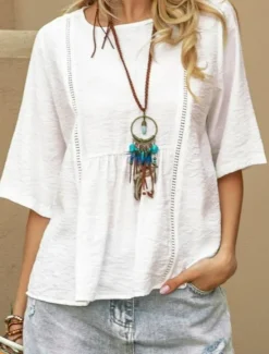 Discount Women's Shirt Solid Color Plain Bohemia Daily Stylish Half Sleeve Crew Neck Regular Tops Daily Holiday Going out Patchwork White Blue Summer Spring Women Shirts