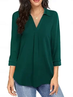 Online Women's Shirt Solid Color Elegant Stylish Basic 3/4 Length Sleeve V Neck Regular Tops Daily Black Wine Blue Green Spring Fall Women Blouses & Shirts