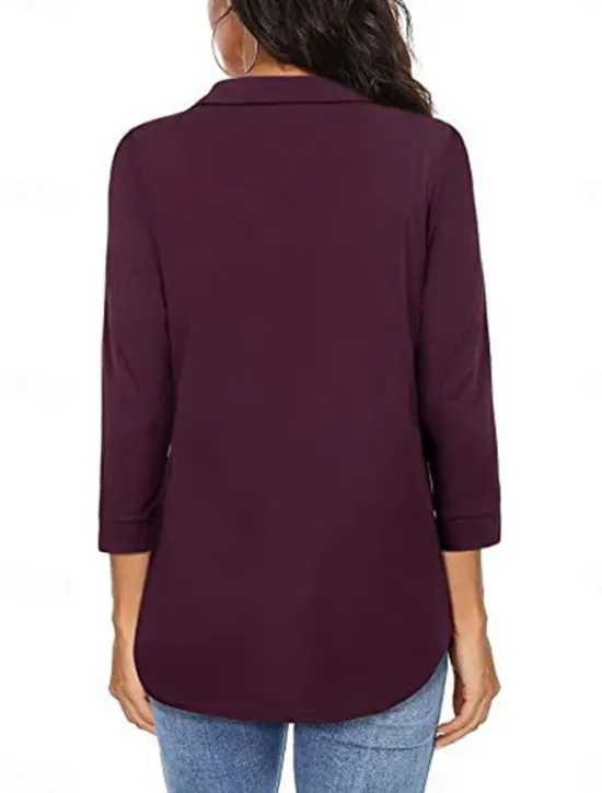 Online Women's Shirt Solid Color Elegant Stylish Basic 3/4 Length Sleeve V Neck Regular Tops Daily Black Wine Blue Green Spring Fall Women Blouses & Shirts