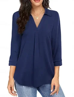 Online Women's Shirt Solid Color Elegant Stylish Basic 3/4 Length Sleeve V Neck Regular Tops Daily Black Wine Blue Green Spring Fall Women Blouses & Shirts