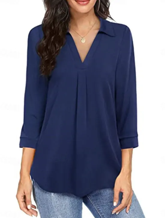 Online Women's Shirt Solid Color Elegant Stylish Basic 3/4 Length Sleeve V Neck Regular Tops Daily Black Wine Blue Green Spring Fall Women Blouses & Shirts