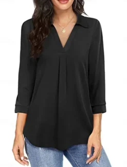 Online Women's Shirt Solid Color Elegant Stylish Basic 3/4 Length Sleeve V Neck Regular Tops Daily Black Wine Blue Green Spring Fall Women Blouses & Shirts