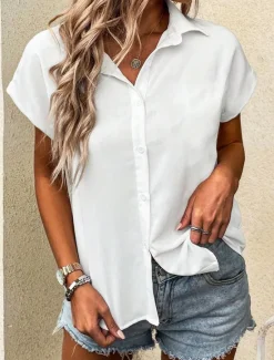Women's Shirt Solid Color Plain Vintage Tropical Daily Short Sleeve Cap Sleeve Shirt Collar Long Tops Daily Summer Spring Women Blouses & Shirts