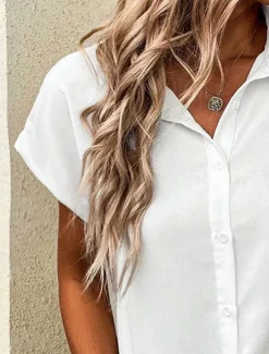 Women's Shirt Solid Color Plain Vintage Tropical Daily Short Sleeve Cap Sleeve Shirt Collar Long Tops Daily Summer Spring Women Blouses & Shirts