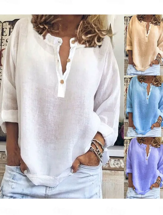 Outlet Women's Shirt Solid Color Plain Stylish Casual Long Sleeve V Neck Notched Neck Regular Tops Daily Buttons White Yellow Blue Purple Summer Spring Women Shirts