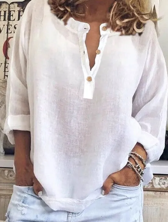 Outlet Women's Shirt Solid Color Plain Stylish Casual Long Sleeve V Neck Notched Neck Regular Tops Daily Buttons White Yellow Blue Purple Summer Spring Women Shirts