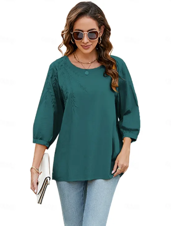 Outlet Women's Shirt Solid Color Floral Casual Boho 3/4 Length Sleeve Elbow Sleeve Crew Neck Regular Tops Vacation Party Daily Embroidered Black Yellow Blue Autumn / Fall Spring & Summer Women Blouses & Shirts