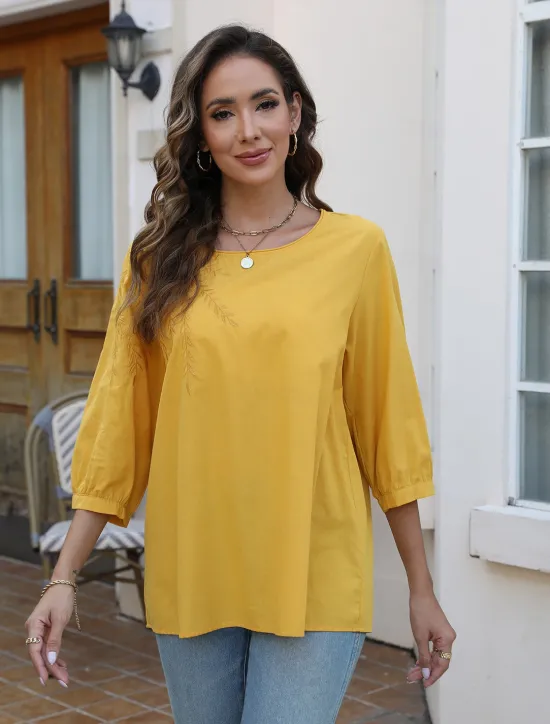 Outlet Women's Shirt Solid Color Floral Casual Boho 3/4 Length Sleeve Elbow Sleeve Crew Neck Regular Tops Vacation Party Daily Embroidered Black Yellow Blue Autumn / Fall Spring & Summer Women Blouses & Shirts