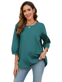 Outlet Women's Shirt Solid Color Floral Casual Boho 3/4 Length Sleeve Elbow Sleeve Crew Neck Regular Tops Vacation Party Daily Embroidered Black Yellow Blue Autumn / Fall Spring & Summer Women Blouses & Shirts