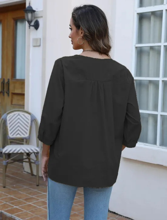 Outlet Women's Shirt Solid Color Floral Casual Boho 3/4 Length Sleeve Elbow Sleeve Crew Neck Regular Tops Vacation Party Daily Embroidered Black Yellow Blue Autumn / Fall Spring & Summer Women Blouses & Shirts