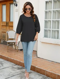 Outlet Women's Shirt Solid Color Floral Casual Boho 3/4 Length Sleeve Elbow Sleeve Crew Neck Regular Tops Vacation Party Daily Embroidered Black Yellow Blue Autumn / Fall Spring & Summer Women Blouses & Shirts
