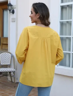 Outlet Women's Shirt Solid Color Floral Casual Boho 3/4 Length Sleeve Elbow Sleeve Crew Neck Regular Tops Vacation Party Daily Embroidered Black Yellow Blue Autumn / Fall Spring & Summer Women Blouses & Shirts