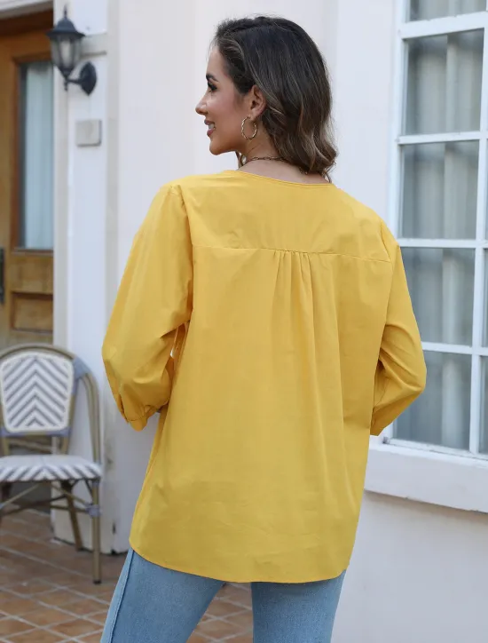 Outlet Women's Shirt Solid Color Floral Casual Boho 3/4 Length Sleeve Elbow Sleeve Crew Neck Regular Tops Vacation Party Daily Embroidered Black Yellow Blue Autumn / Fall Spring & Summer Women Blouses & Shirts