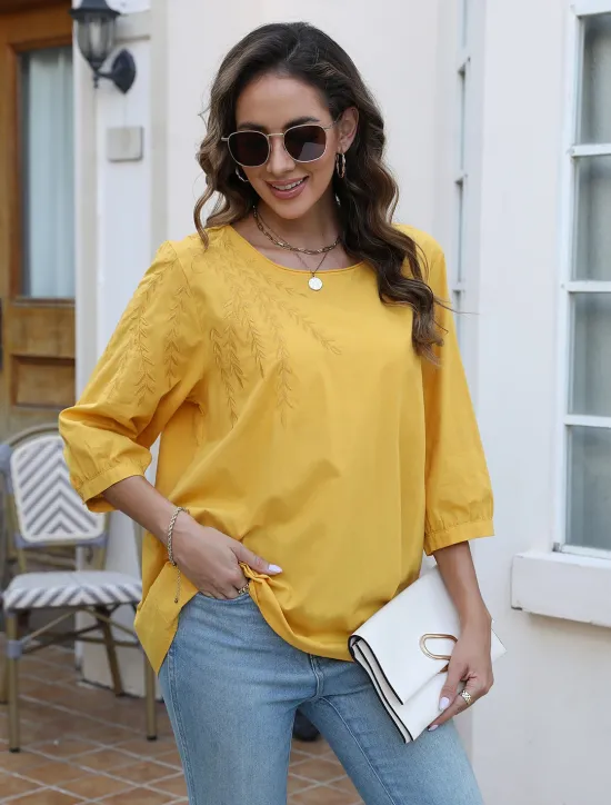 Outlet Women's Shirt Solid Color Floral Casual Boho 3/4 Length Sleeve Elbow Sleeve Crew Neck Regular Tops Vacation Party Daily Embroidered Black Yellow Blue Autumn / Fall Spring & Summer Women Blouses & Shirts