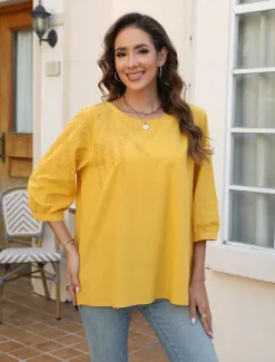 Outlet Women's Shirt Solid Color Floral Casual Boho 3/4 Length Sleeve Elbow Sleeve Crew Neck Regular Tops Vacation Party Daily Embroidered Black Yellow Blue Autumn / Fall Spring & Summer Women Blouses & Shirts