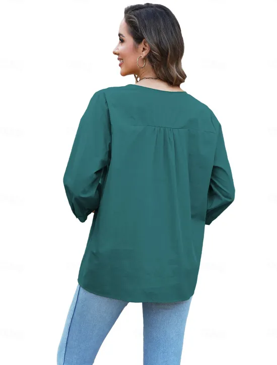 Outlet Women's Shirt Solid Color Floral Casual Boho 3/4 Length Sleeve Elbow Sleeve Crew Neck Regular Tops Vacation Party Daily Embroidered Black Yellow Blue Autumn / Fall Spring & Summer Women Blouses & Shirts
