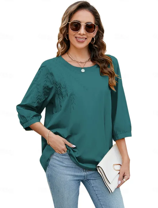 Outlet Women's Shirt Solid Color Floral Casual Boho 3/4 Length Sleeve Elbow Sleeve Crew Neck Regular Tops Vacation Party Daily Embroidered Black Yellow Blue Autumn / Fall Spring & Summer Women Blouses & Shirts