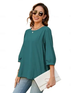 Outlet Women's Shirt Solid Color Floral Casual Boho 3/4 Length Sleeve Elbow Sleeve Crew Neck Regular Tops Vacation Party Daily Embroidered Black Yellow Blue Autumn / Fall Spring & Summer Women Blouses & Shirts