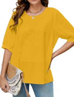 Best Women's Shirt Solid Color Floral Casual Boho 3/4 Length Sleeve Elbow Sleeve Crew Neck Regular Tops Vacation Party Daily Embroidered White Yellow Khaki Autumn / Fall Spring & Summer Women Blouses & Shirts