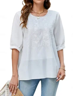 Best Women's Shirt Solid Color Floral Casual Boho 3/4 Length Sleeve Elbow Sleeve Crew Neck Regular Tops Vacation Party Daily Embroidered White Yellow Khaki Autumn / Fall Spring & Summer Women Blouses & Shirts