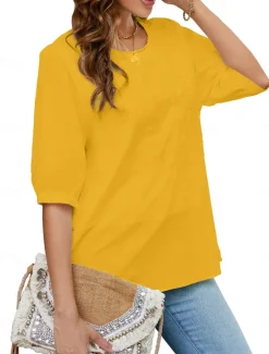 Best Women's Shirt Solid Color Floral Casual Boho 3/4 Length Sleeve Elbow Sleeve Crew Neck Regular Tops Vacation Party Daily Embroidered White Yellow Khaki Autumn / Fall Spring & Summer Women Blouses & Shirts