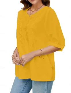 Best Women's Shirt Solid Color Floral Casual Boho 3/4 Length Sleeve Elbow Sleeve Crew Neck Regular Tops Vacation Party Daily Embroidered White Yellow Khaki Autumn / Fall Spring & Summer Women Blouses & Shirts