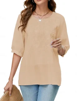 Best Women's Shirt Solid Color Floral Casual Boho 3/4 Length Sleeve Elbow Sleeve Crew Neck Regular Tops Vacation Party Daily Embroidered White Yellow Khaki Autumn / Fall Spring & Summer Women Blouses & Shirts
