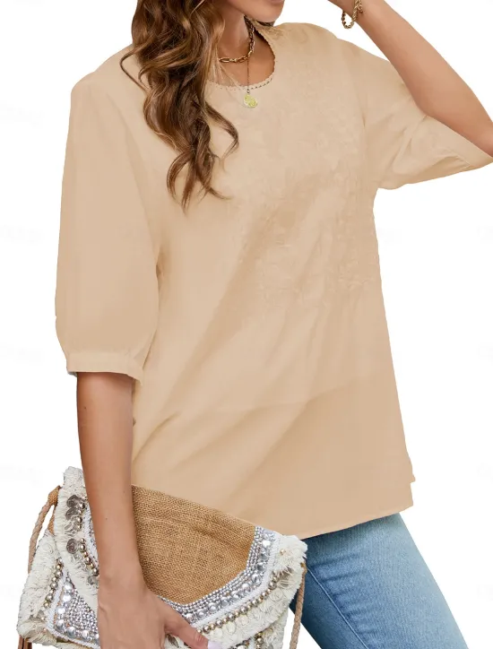 Best Women's Shirt Solid Color Floral Casual Boho 3/4 Length Sleeve Elbow Sleeve Crew Neck Regular Tops Vacation Party Daily Embroidered White Yellow Khaki Autumn / Fall Spring & Summer Women Blouses & Shirts