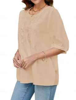 Best Women's Shirt Solid Color Floral Casual Boho 3/4 Length Sleeve Elbow Sleeve Crew Neck Regular Tops Vacation Party Daily Embroidered White Yellow Khaki Autumn / Fall Spring & Summer Women Blouses & Shirts
