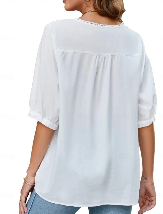 Best Women's Shirt Solid Color Floral Casual Boho 3/4 Length Sleeve Elbow Sleeve Crew Neck Regular Tops Vacation Party Daily Embroidered White Yellow Khaki Autumn / Fall Spring & Summer Women Blouses & Shirts