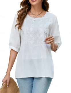 Best Women's Shirt Solid Color Floral Casual Boho 3/4 Length Sleeve Elbow Sleeve Crew Neck Regular Tops Vacation Party Daily Embroidered White Yellow Khaki Autumn / Fall Spring & Summer Women Blouses & Shirts