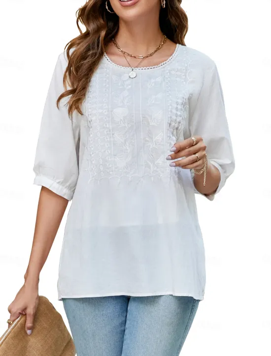 Best Women's Shirt Solid Color Floral Casual Boho 3/4 Length Sleeve Elbow Sleeve Crew Neck Regular Tops Vacation Party Daily Embroidered White Yellow Khaki Autumn / Fall Spring & Summer Women Blouses & Shirts