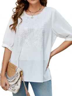Best Women's Shirt Solid Color Floral Casual Boho 3/4 Length Sleeve Elbow Sleeve Crew Neck Regular Tops Vacation Party Daily Embroidered White Yellow Khaki Autumn / Fall Spring & Summer Women Blouses & Shirts