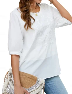 Best Women's Shirt Solid Color Floral Casual Boho 3/4 Length Sleeve Elbow Sleeve Crew Neck Regular Tops Vacation Party Daily Embroidered White Yellow Khaki Autumn / Fall Spring & Summer Women Blouses & Shirts