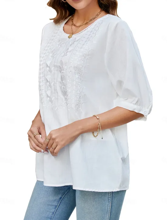 Best Women's Shirt Solid Color Floral Casual Boho 3/4 Length Sleeve Elbow Sleeve Crew Neck Regular Tops Vacation Party Daily Embroidered White Yellow Khaki Autumn / Fall Spring & Summer Women Blouses & Shirts