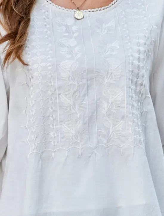 Best Women's Shirt Solid Color Floral Casual Boho 3/4 Length Sleeve Elbow Sleeve Crew Neck Regular Tops Vacation Party Daily Embroidered White Yellow Khaki Autumn / Fall Spring & Summer Women Blouses & Shirts