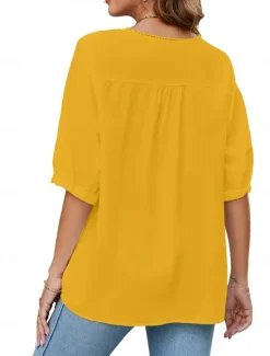 Best Women's Shirt Solid Color Floral Casual Boho 3/4 Length Sleeve Elbow Sleeve Crew Neck Regular Tops Vacation Party Daily Embroidered White Yellow Khaki Autumn / Fall Spring & Summer Women Blouses & Shirts