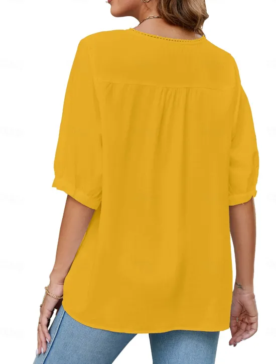 Best Women's Shirt Solid Color Floral Casual Boho 3/4 Length Sleeve Elbow Sleeve Crew Neck Regular Tops Vacation Party Daily Embroidered White Yellow Khaki Autumn / Fall Spring & Summer Women Blouses & Shirts