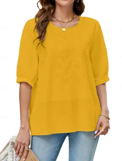 Best Women's Shirt Solid Color Floral Casual Boho 3/4 Length Sleeve Elbow Sleeve Crew Neck Regular Tops Vacation Party Daily Embroidered White Yellow Khaki Autumn / Fall Spring & Summer Women Blouses & Shirts