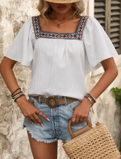 Clearance Women's Shirt Solid Color Stylish Casual Short Sleeve Square Neck Regular Tops Daily Patchwork Embroidered Black White Blue Fuchsia Summer Women Blouses & Shirts