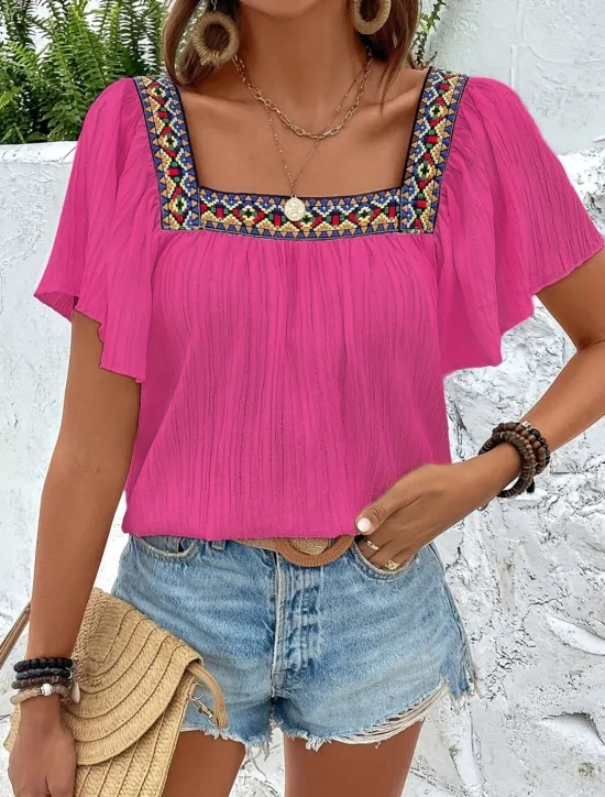 Clearance Women's Shirt Solid Color Stylish Casual Short Sleeve Square Neck Regular Tops Daily Patchwork Embroidered Black White Blue Fuchsia Summer Women Blouses & Shirts