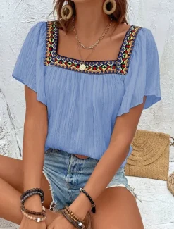 Clearance Women's Shirt Solid Color Stylish Casual Short Sleeve Square Neck Regular Tops Daily Patchwork Embroidered Black White Blue Fuchsia Summer Women Blouses & Shirts