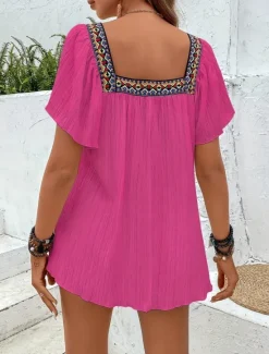 Clearance Women's Shirt Solid Color Stylish Casual Short Sleeve Square Neck Regular Tops Daily Patchwork Embroidered Black White Blue Fuchsia Summer Women Blouses & Shirts