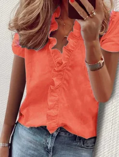 Discount Women's Shirt Solid Color Plain Elegant Tropical Daily Short Sleeve V Neck Regular Tops Daily Holiday Beach Wear Ruffle White Orange Green Light Blue Summer Spring Women Blouses & Shirts