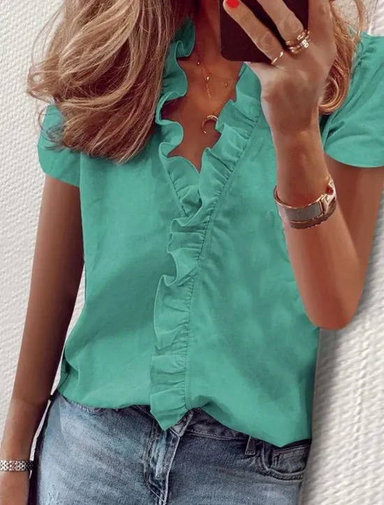 Discount Women's Shirt Solid Color Plain Elegant Tropical Daily Short Sleeve V Neck Regular Tops Daily Holiday Beach Wear Ruffle White Orange Green Light Blue Summer Spring Women Blouses & Shirts