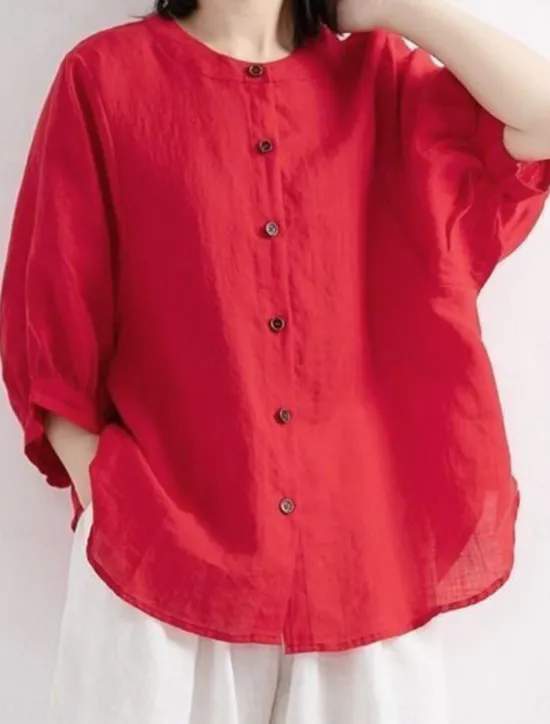Women's Shirt Solid Color Basic Casual 3/4 Length Sleeve Crew Neck Regular Tops Daily Buttons White Yellow Red Blue Summer Women Shirts