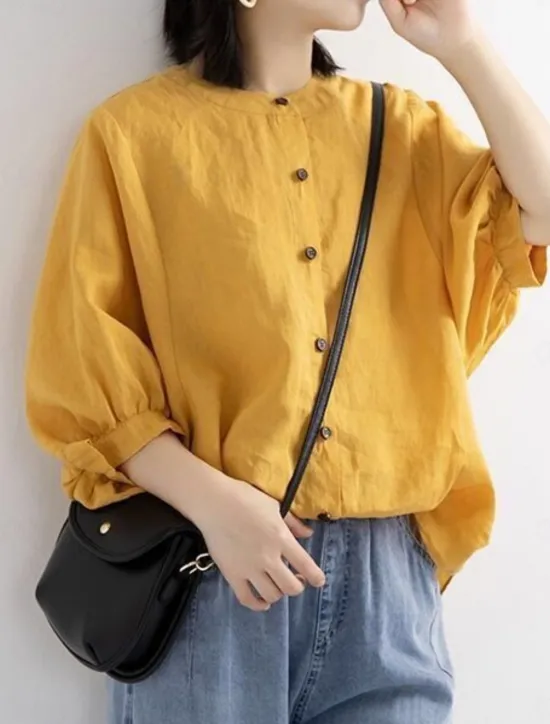 Women's Shirt Solid Color Basic Casual 3/4 Length Sleeve Crew Neck Regular Tops Daily Buttons White Yellow Red Blue Summer Women Shirts